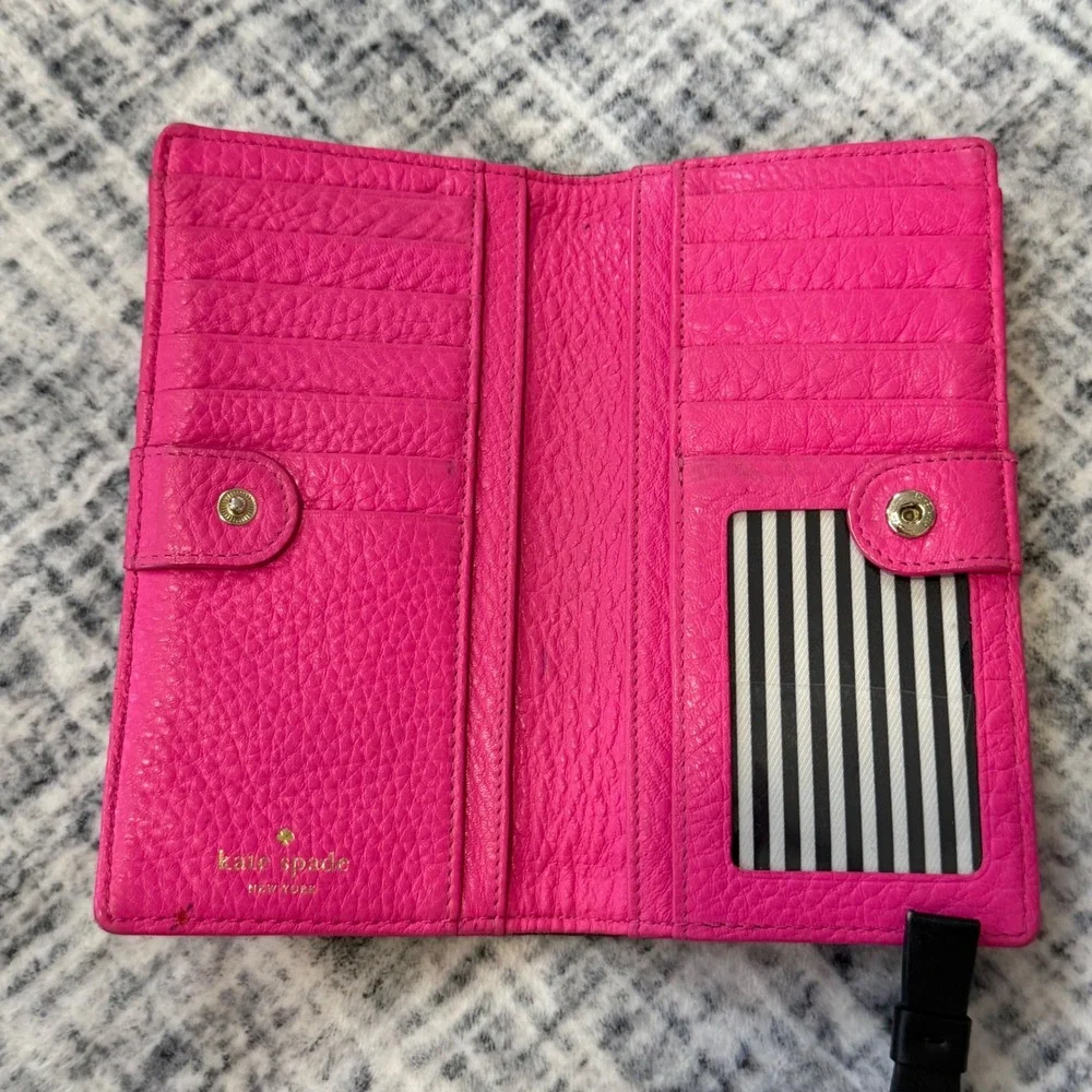 Kate Spade Pink Pebbled Leather Bifold Slim Wallet with ID Window Pink
